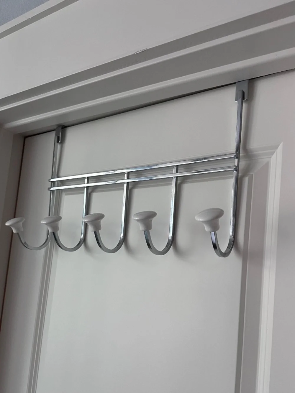 Container Store: Chrome 5-Hook Over-the-Door Rack with White Ceramic Knobs